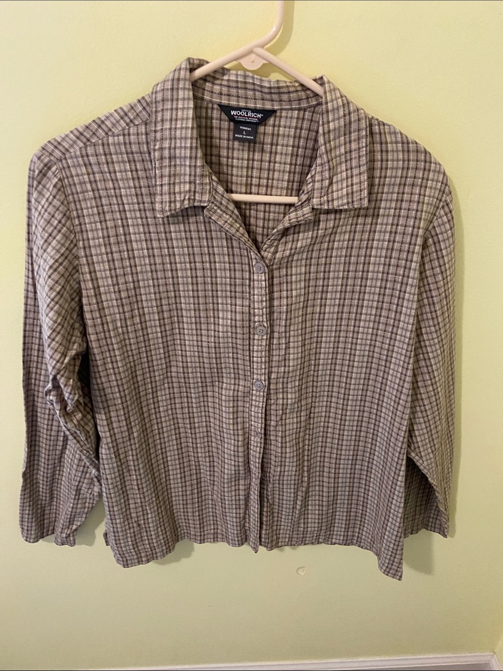 Woolrich Women's Plaid Button-Up Shirt in Taupe and Brown